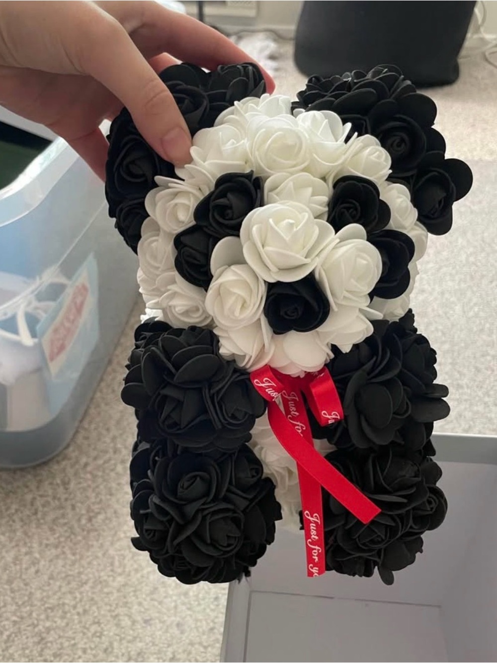 Black & White Rose Bear Faux Flower Gift with Red Ribbon